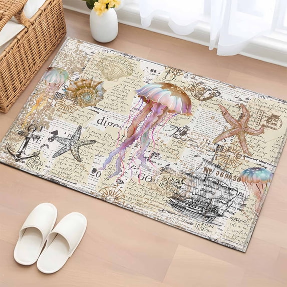 Non-Slip Rug Pad Rugs Watercolor Marine Octopus Starfish Rectangle Area Rugs 2x3Ft Soft Carpet Pads for Living Room Kids Room, Sailboat Shell on Retro Newspaper
