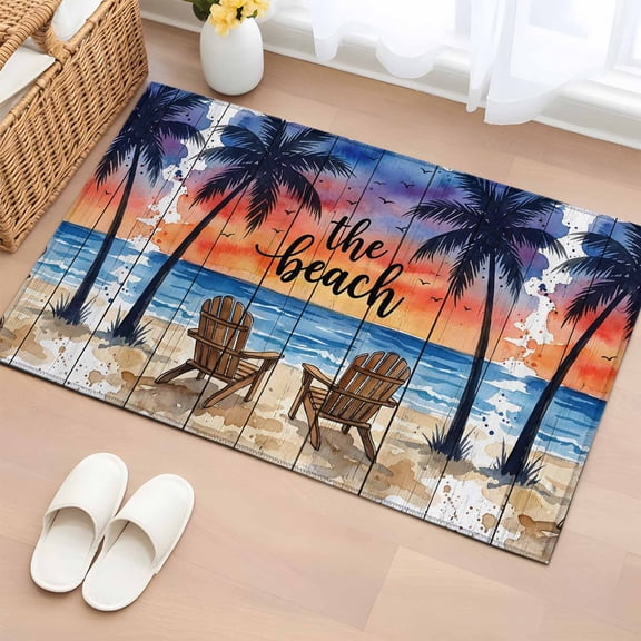 Non-Slip Rug Pad Rugs Watercolor Ocean Beach Recliners Rectangle Area Rugs 2x3Ft Soft Carpet Pads for Living Room Kids Room, Palm Trees Seagull Wood Grain