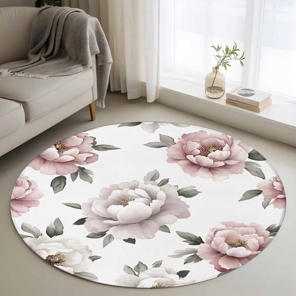 Non-Slip Rug Pad Rugs Watercolor Pink Flower on White Round Area Rugs 3Ft Soft Carpet Pads for Living Room Kids Room, Garden Green Leaves