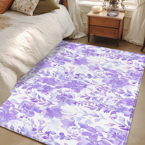 Non-Slip Rug Pad Rugs Watercolor Purple Flowers Botanical Rectangle Area Rugs 3x5Ft Soft Carpet Pads for Living Room Kids Room, Abstract Floral Painting Art