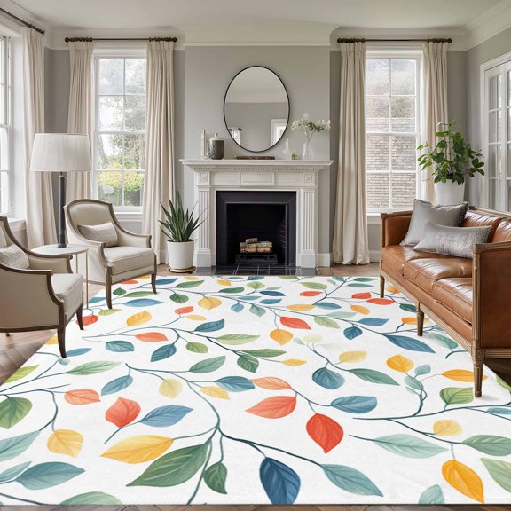 Non-Slip Rug Pad Rugs Watercolor Spring Botanical Leaves Rectangle Area Rugs 9x12Ft Soft Carpet Pads for Living Room Kids Room, Colorful Foliage Leaf