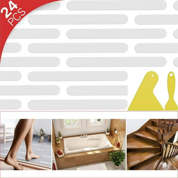 Non Slip Sand Material Strips, Transparent Safety Bathroom with Raised Surface Texture, Water Resistant Adhesion for Floors, Stairs, Pools, Steps, Ladders, Boats, 24Pcs