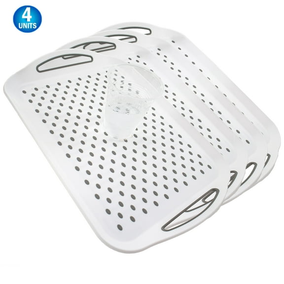 Non Slip Serving Tray With Handles - Regular Size 4pc - Rubber Silicone Grip Anti Spill Plastic Food Carrying Tray - For TV Dinners, Breakfast, Bed & Lap Serving, Coffee Tables, Parties- White