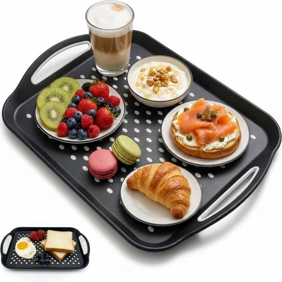 Non Slip Serving Tray with Handles, Rubber Gripped Lap Food Trays for Eating, Dishwasher Safe, Ideal for Breakfast, Snack, Fruit, Dessert, Beverage & Dinner (Large Black)