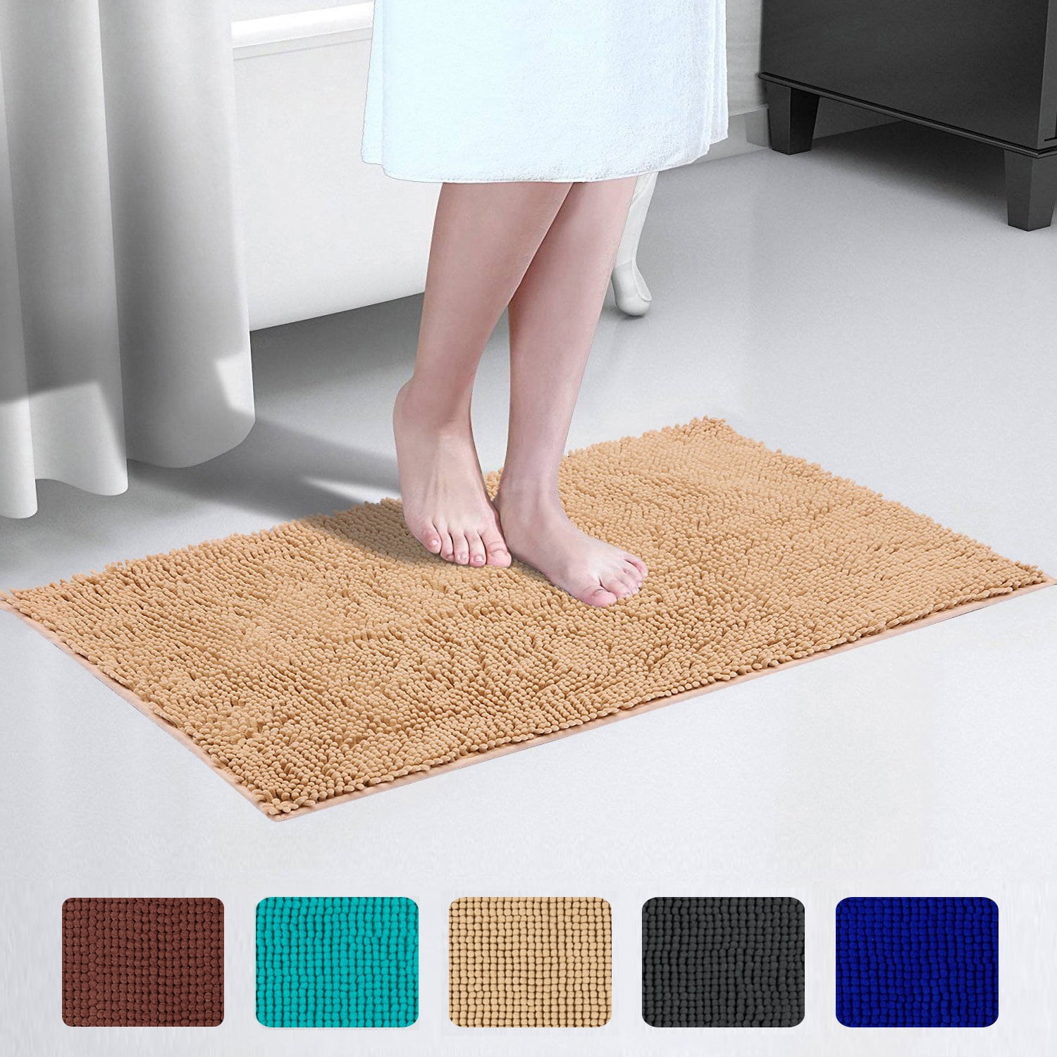 Large Bathroom Rug Non Slip Bath Mat (47x17 Inch Brown) Water Absorbent  Super Soft Shaggy Chenille Machine Washable Dry Extra Thick Perfect  Absorbant Best Plush Carpet for Shower Floor 