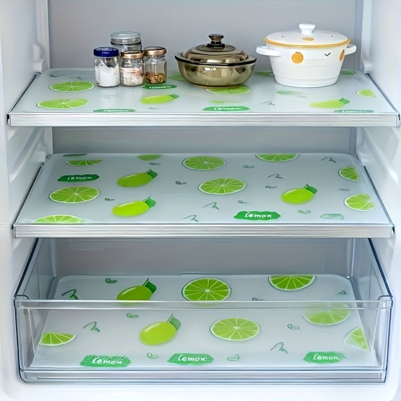 Non Slip Shelf Liner, Eva Padded Kitchen Cabinet Liner for Refrigerator Drawers, Waterproof Shelf Paper with Lemon Print 4 Piece Set
