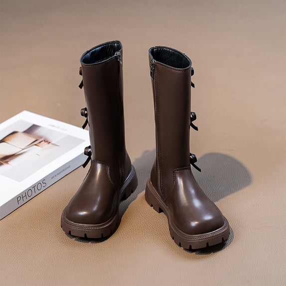 Non Slip Shoes, Kid's Boots, Kid's Winter Boots, Walking Shoes, Girls Pu Bow Knee-High Boots With Zipper Fashionable Round Toe Soft Lug Sole Non-Slip Cute Mid-Calf Boots, Brown US-3Y/EU-32