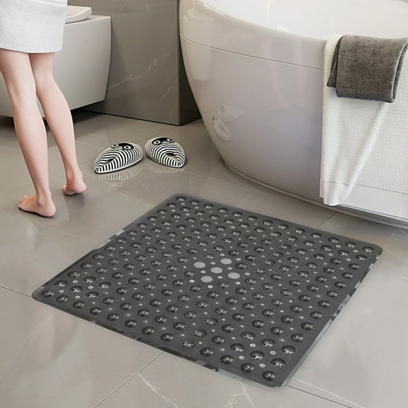 Non-Slip Shower Mat with Suction Cups | 21x21 Inch Large Size Bath Mat | Machine Washable Drainage Design | Modern Style Indoor Outdoor Floor Mat | Blue or Silver