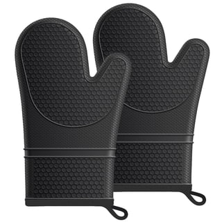 Non-Slip Silicone Oven Mitts, Heat Resistant and Waterproof Cooking Safety Gloves, Thick Cotton Lining, Flexible Gripping, BPA-Free for Grilling, Barbecue Kitchen Baking Microwave, Black