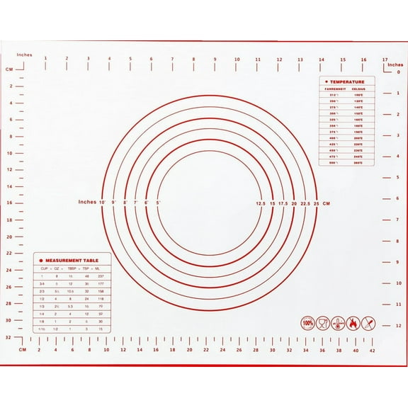 Non Slip Silicone Pastry Mat with Measurements Nonstick, 16 x 20 Inch Thick Baking Mat for Rolling out Dough Red Food Grade Silicone Baking Mats for Cookie, Cake, Pizza