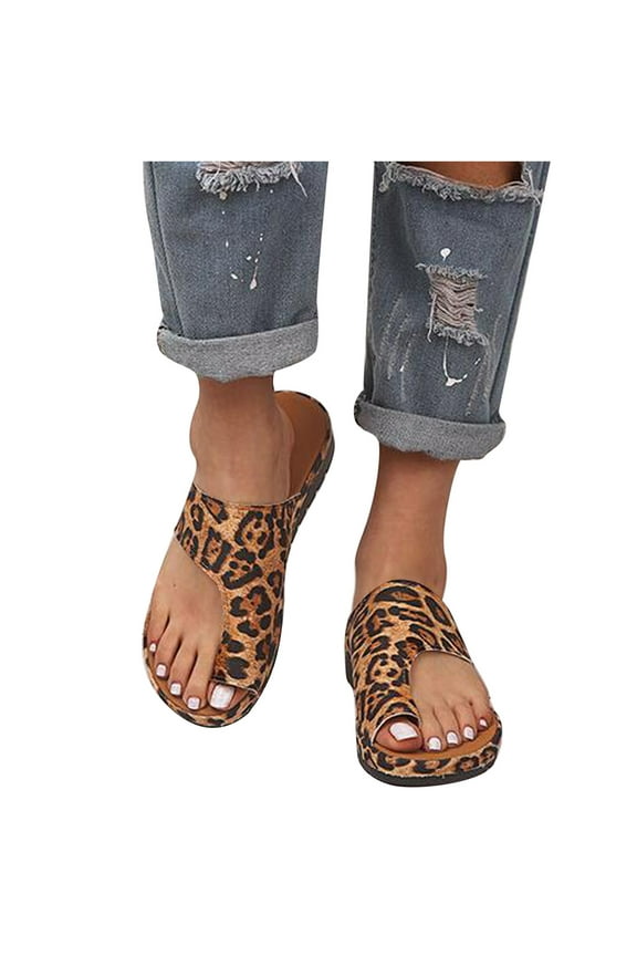 Non-Slip Slides Sandals for Women Platform Slipper Leopard Print Toe Ring Open Toe Slip-on Flip Flops Summer Comfy Casual Beach Travel Shoes