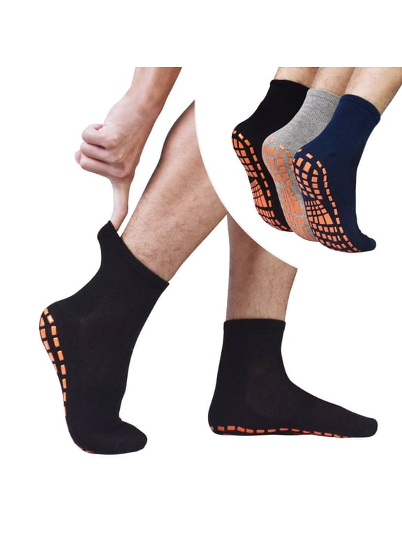 Non Slip Socks for Men House Socks with Grips 3 Pairs Anti-Skid Yoga Pilates Tile Wood Floors Hospital Slipper Socks