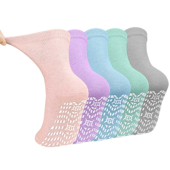 Non Slip Socks for Women, PUTUO Grip Socks, Cotton Crew Socks for Women, Ideal for Yoga, Pilates, Hospital, 5-Pair