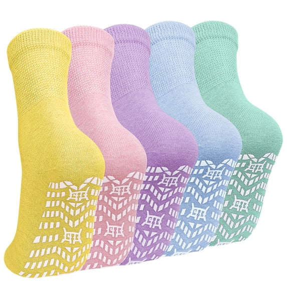 Non Slip Socks for Women, PUTUO Grip Socks, Cotton Crew Socks for Women, Ideal for Yoga, Pilates, Hospital, 5-Pair