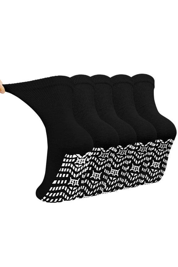 Non Slip Socks for Women, PUTUO Grip Socks, Cotton Crew Socks for Women, Ideal for Yoga, Pilates, Hospital, 5-Pair