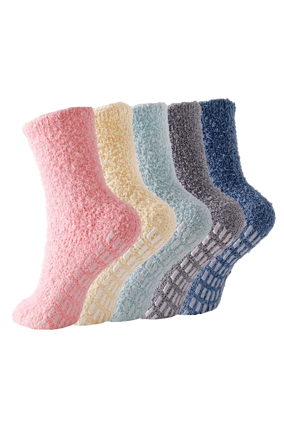 Non Slip Socks for Women Winter Warm Cozy Fuzzy Slipper Socks Soft Fluffy Hospital Socks with Grips Crew