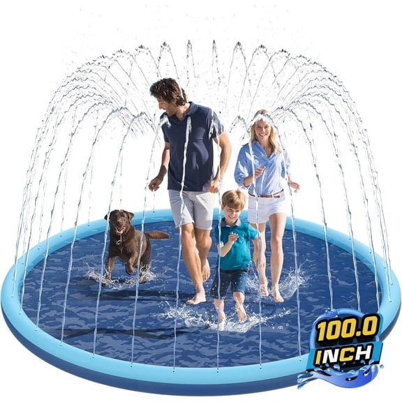 Non-Slip Splash Pad for Kids and Dog, 100" Extra Large Baby Play Mat, Dog Pool Toys, Thicken Sprinkler Pool Summer Outdoor Water Toys for Ages 3-12 Boys Girls, Parent-Kids &Games Fun Backyard (Blue)