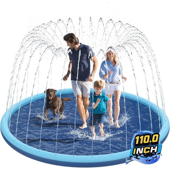 Non-Slip Splash Pad for Kids and Dog, 110" Extra Large Baby Play Mat, Dog Pool Toys, Thicken Sprinkler Pool Summer Outdoor Water Toys for Ages 3-12 Boys Girls, Parent-Kids &Games Fun Backyard (Blue)