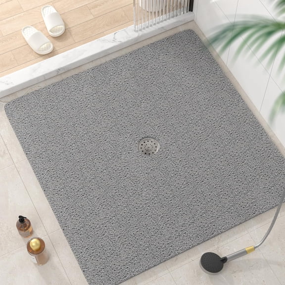 Non-Slip Square Shower Mat, 40 x 40 Inch, Soft PVC Loofah Bathtub Mat with Drain Holes, Quick-Drying Bathroom Floor Mat, Grey