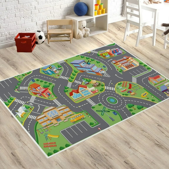Non-Slip Stain Resistant City Life Road Rug Kindergarten Room Decoration Carpet for Playroom Classroom Bedroom Bedside Decor Mat