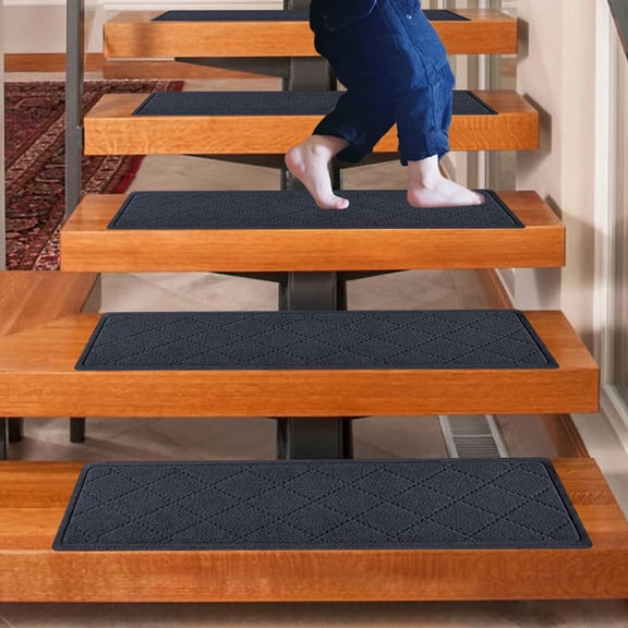 Non-Slip Stair Rug Set 8-Pack Dark Gray 30x8in Absorbent Washable Self-Adhesive Stair Treads Non-Skid Striped Staircase Carpet Runner Mats
