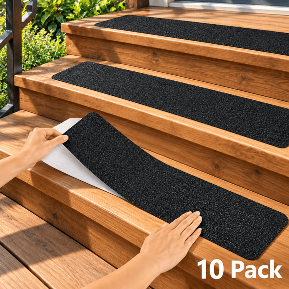 Non Slip Stair Treads, 10 Pack Anti Slip Stair Tread Strips, 4 x 24 in Self Adhesive Grip Tape for Indoor Outdoor Wooden Steps, Stairs, Decks, Ramps Black