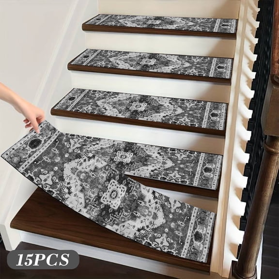 Non Slip Stair Treads, 15 Pcs Carpet Stair Mats with Adhesive Backing for Pets Ki-ds Elderly, Washable Anti Sk-id Rug Runner for Wood Steps, 8" x 30", Gray