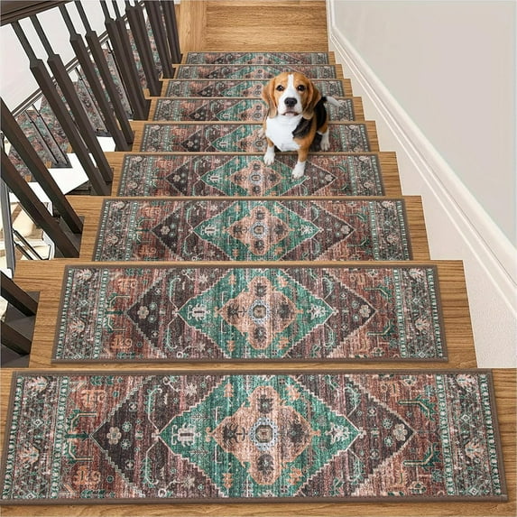 Non Slip Stair Treads Indoor 15 Pack 8" X 30" Carpet Treads for Wood Stairs, Washable Self Adhesive Stair Runners Stain Resistant Edging Staircase for Kids, Elders and Dogs (15pc, Dull Teal)