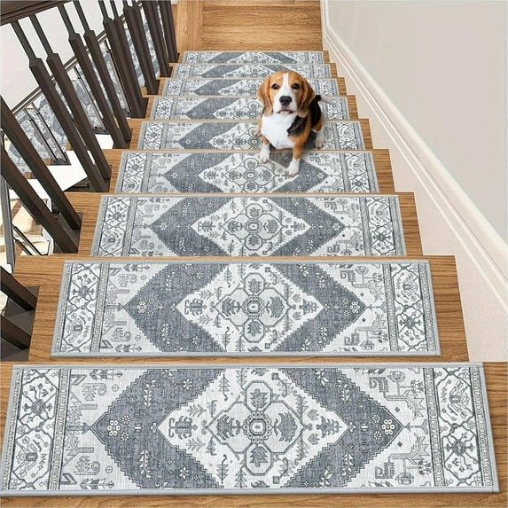 Non Slip Stair Treads Indoor 15 Pack 8" X 30" Carpet Treads for Wood Stairs, Washable Self Adhesive Stair Runners Stain Resistant Edging Staircase for Kids, Elders and Dogs (15pc, Grey)