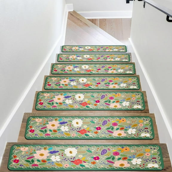 Non-Slip Stair Treads - Indoor Stair Runners for Wooden Steps Green Flower Safety Mats for Pets, Kids, and Elders, 30X8 inch Slip Resistant Stair Rugs with Rubber Backing