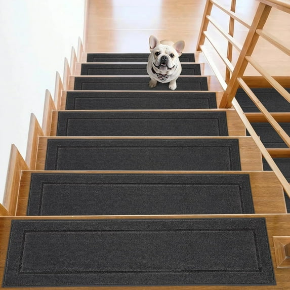 Non-Slip Stair Treads for Wooden Steps Indoor, 15 Pack 8" X 30" Edging Stair Rugs with TPE Backing, 0.4" Thick Carpet Stair Treads for Kids Elders & Pets, 100% Polyester Soft Stair Runners, Dark Grey