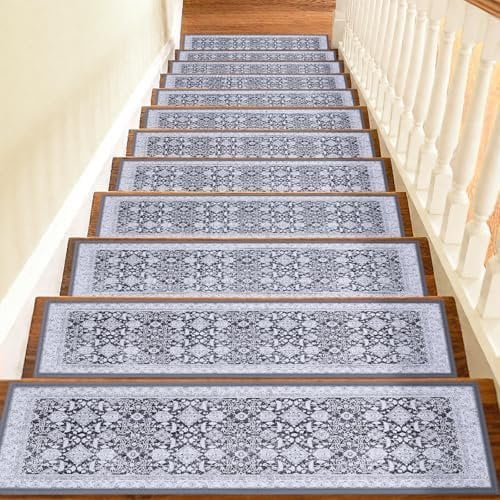 Non Slip Stair Treads for Wooden Steps Indoor, Grey, 15 count, 30"X8", Soft Carpet Mat, Machine Washable Boho Carpet Treads with Adhesive Backing, Safety Stair Tread for Dogs, , Elders