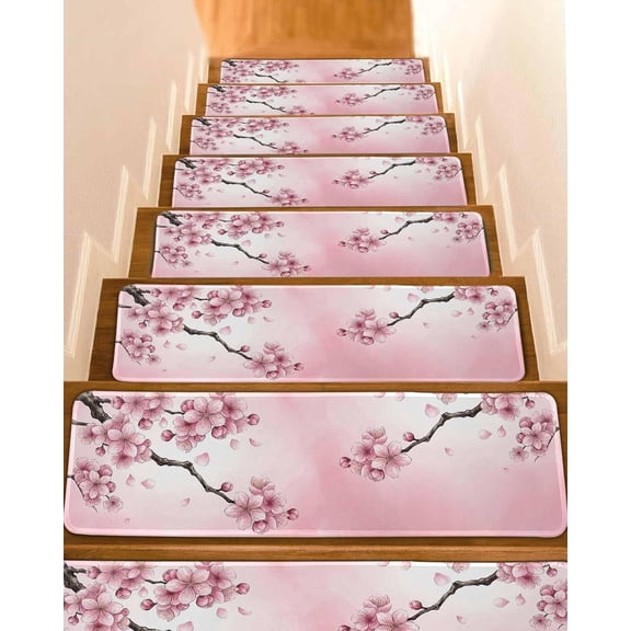 Non Slip Stair Treads for Wooden Steps Watercolor Spring Cherry Blossoms Carpet Indoor Stair Runners, Pink Flower Petals Step Tread Rugs Adhesive Staircase Mats for Elders, Pets,8"x30",15Pack