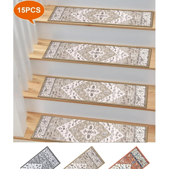 Non Slip Stair Treads for Wooden Steps, Yamaziot 15Pcs Indoor Carpet Stair Runners for Kids Elders & Pets, 8" x 30" Anti Skid Reusable Adhesive Boho Staircase Step Treads