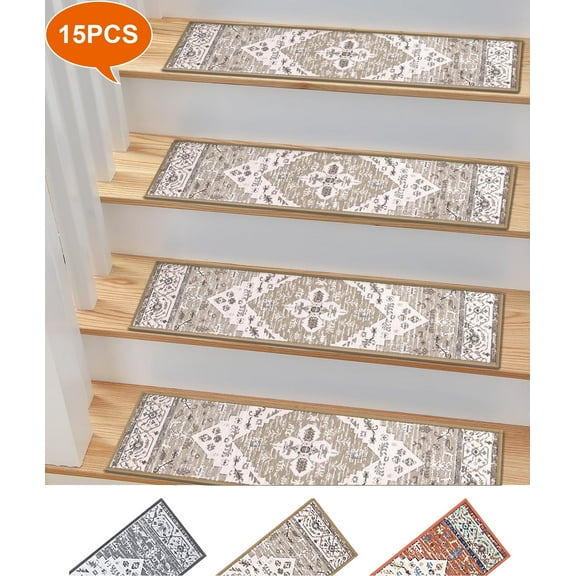 Non Slip Stair Treads for Wooden Steps, Yamaziot 15Pcs Indoor Carpet Stair Runners for Kids Elders & Pets, 8" x 30" Anti Skid Reusable Adhesive Boho Staircase Step Treads