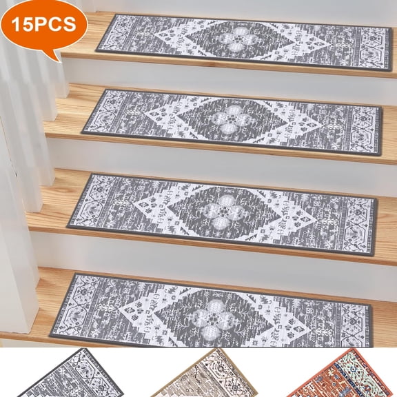 Non Slip Stair Treads for Wooden Steps, Yamaziot 15Pcs Indoor Carpet Stair Runners for Kids Elders & Pets, 8" x 30" Anti Skid Reusable Adhesive Boho Staircase Step Treads