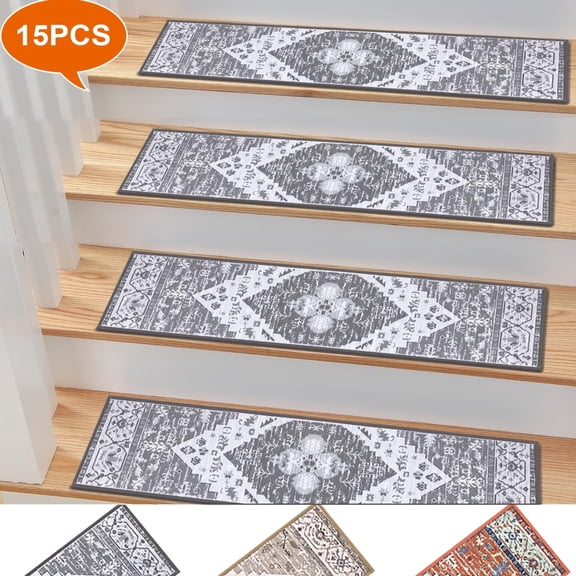 Non Slip Stair Treads for Wooden Steps, Yamaziot 15Pcs Indoor Carpet Stair Runners for Kids Elders & Pets, 8" x 30" Anti Skid Reusable Adhesive Boho Staircase Step Treads