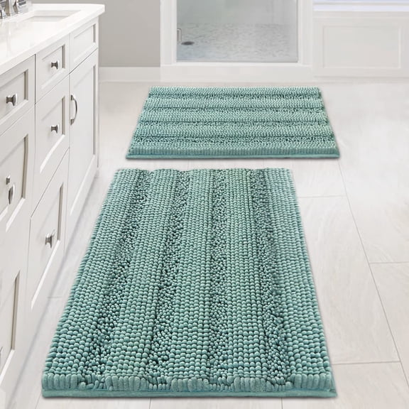 Non Slip Thick Shaggy Chenille Bathroom Rug Set Extra Soft Absorbent Striped Floor Rugs 2 Piece Machine Washable Eggshell Blue 20 x 32 in Plus 17 x 24 in