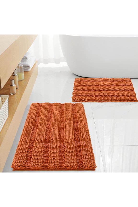 Non Slip Thick Shaggy Chenille Bathroom Rug Sets 2 Piece, Thickened Hot Melt Rubber Bottom Bath Mats for Bathroom, Bath Rugs Quick Dry Machine Washable for Shower (Burnt Orange, 32"x20" Plus 17"x24")