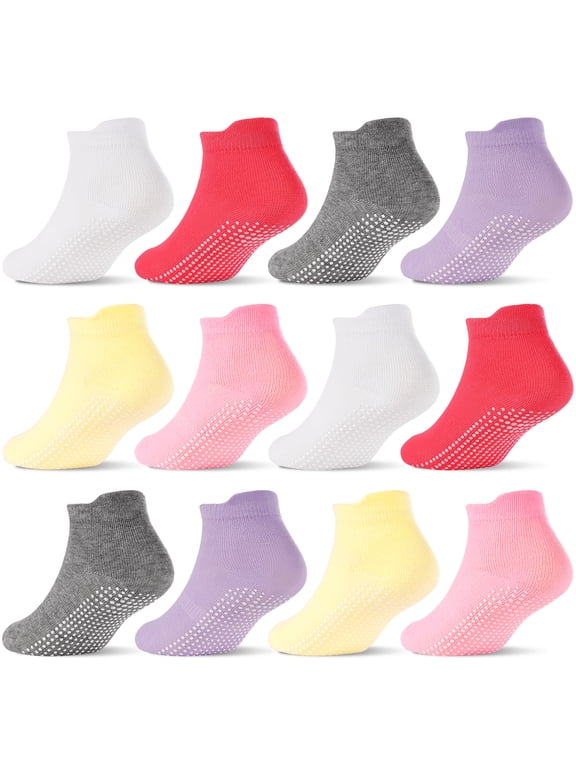 Non Slip Toddler Ankle Socks,12 Pairs Anti Skid Baby Girls Socks, Kids Grips Socks for Children 1-7 Years