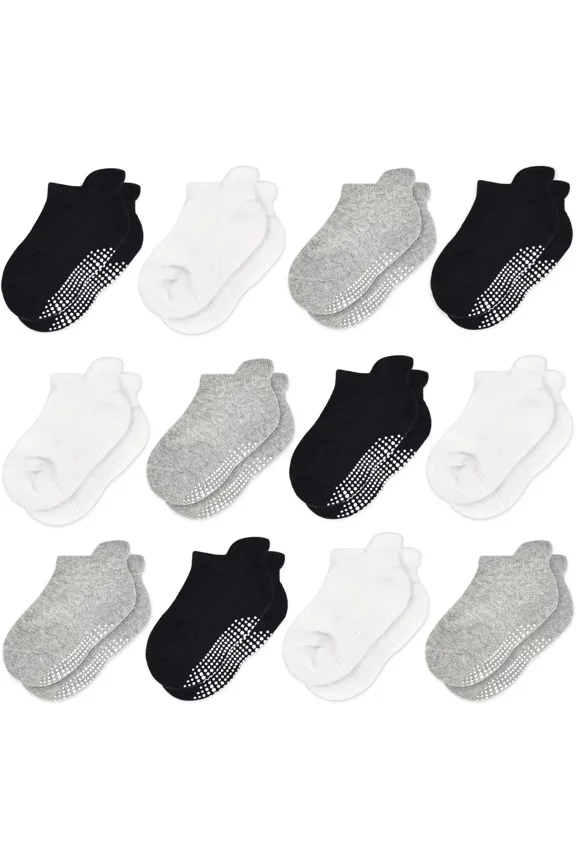 Non-Slip Toddler Socks 12 Pairs - Infant Baby Kids Grip Socks for Boys Girls, Anti-Skid Ankle for 0-7 Year Children