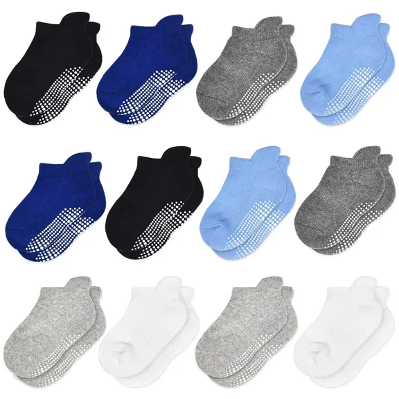 Non-Slip Toddler Socks 12 Pairs - Infant Baby Kids Grip Socks for Boys Girls, Anti-Skid Ankle for 0-7 Year Children