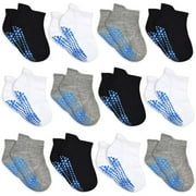Non Slip Toddler Socks 12 Pairs Kids Ankle Socks with Grip Anti Skid Low Cut Socks for 1-7 Years Boys Girls (01 Black+Light Grey+White,1-3T)