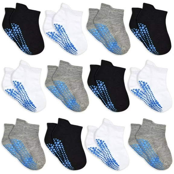 Non Slip Toddler Socks 12 Pairs Kids Ankle Socks with Grip Anti Skid Low Cut Socks for 1-7 Years Boys Girls (01 Black+Light Grey+White,1-3T)
