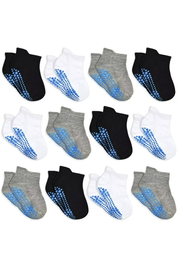 Non Slip Toddler Socks 12 Pairs Kids Ankle Socks with Grip Anti Skid Low Cut Socks for 1-7 Years Boys Girls (01 Black+Light Grey+White,1-3T)