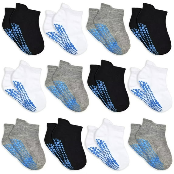 Non Slip Toddler Socks 12 Pairs Kids Ankle Socks with Grip Anti Skid Low Cut Socks for 1-7 Years Boys Girls (01 Black+Light Grey+White,5-7 Years)