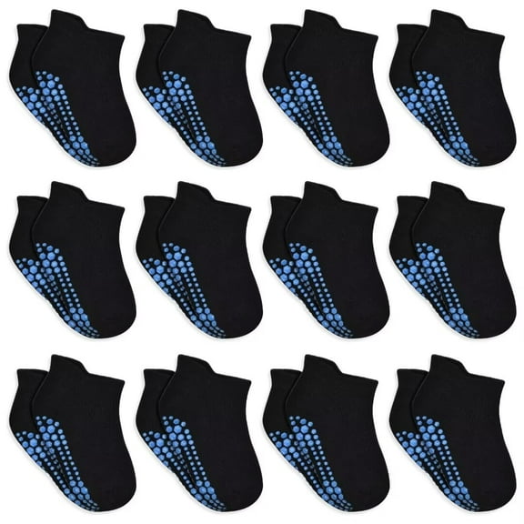 Non Slip Toddler Socks 12 Pairs Kids Ankle Socks with Grip Anti Skid Low Cut Socks for 1-7 Years Boys Girls (03 Black,1-3T)