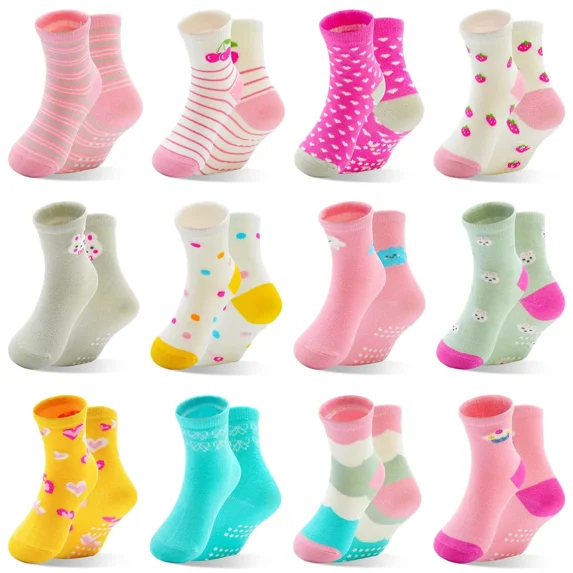 Non Slip Toddler Socks Girls Cartoon Crew Non-Slip Socks With Grips for Baby 1-7 Years Kids
