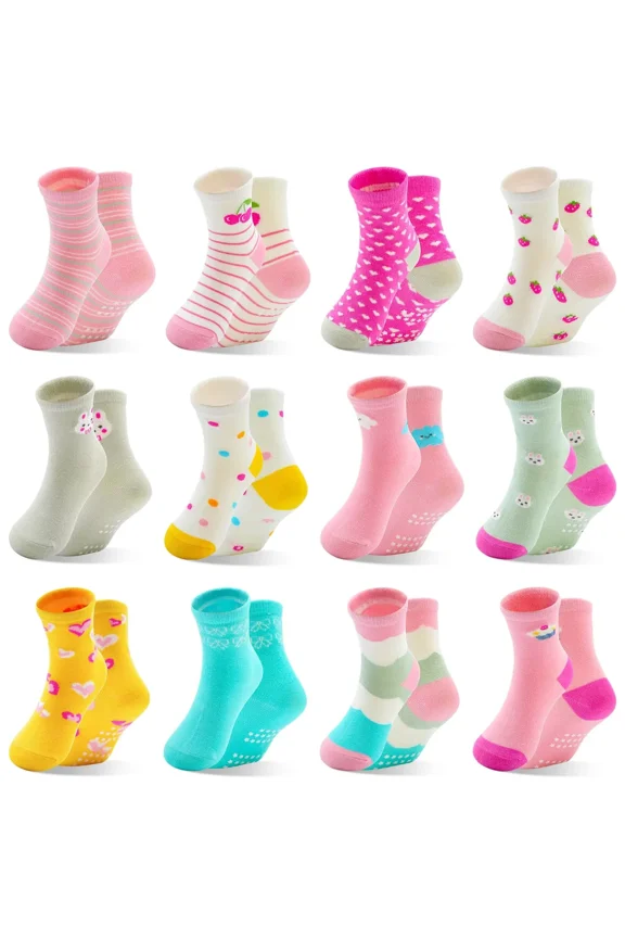 Non Slip Toddler Socks Girls Cartoon Crew Non-Slip Socks With Grips for Baby 1-7 Years Kids