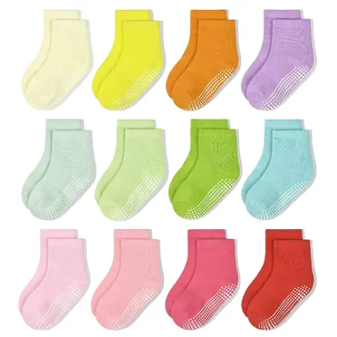 Non-Slip Toddler Socks With Grips 12 Pairs Kids Anti Slip Sticky Socks For Infant 6-12 Months 1-10 Years Kids Toddler Slipper Socks